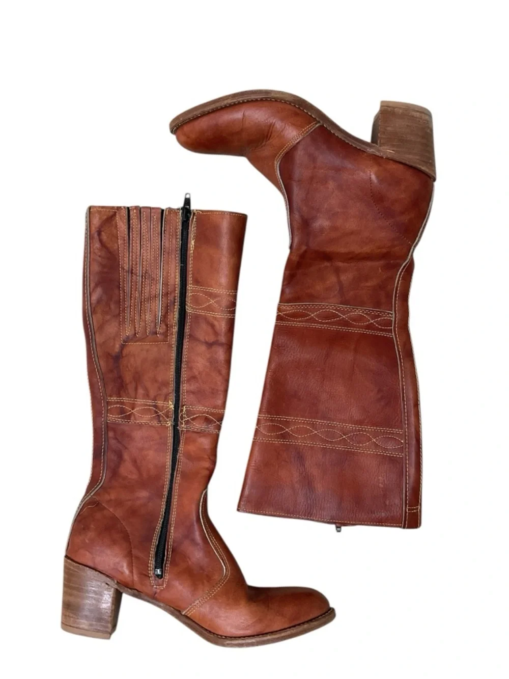 Vintage Brown Leather Knee High Boots Size 8 Side Zip Western